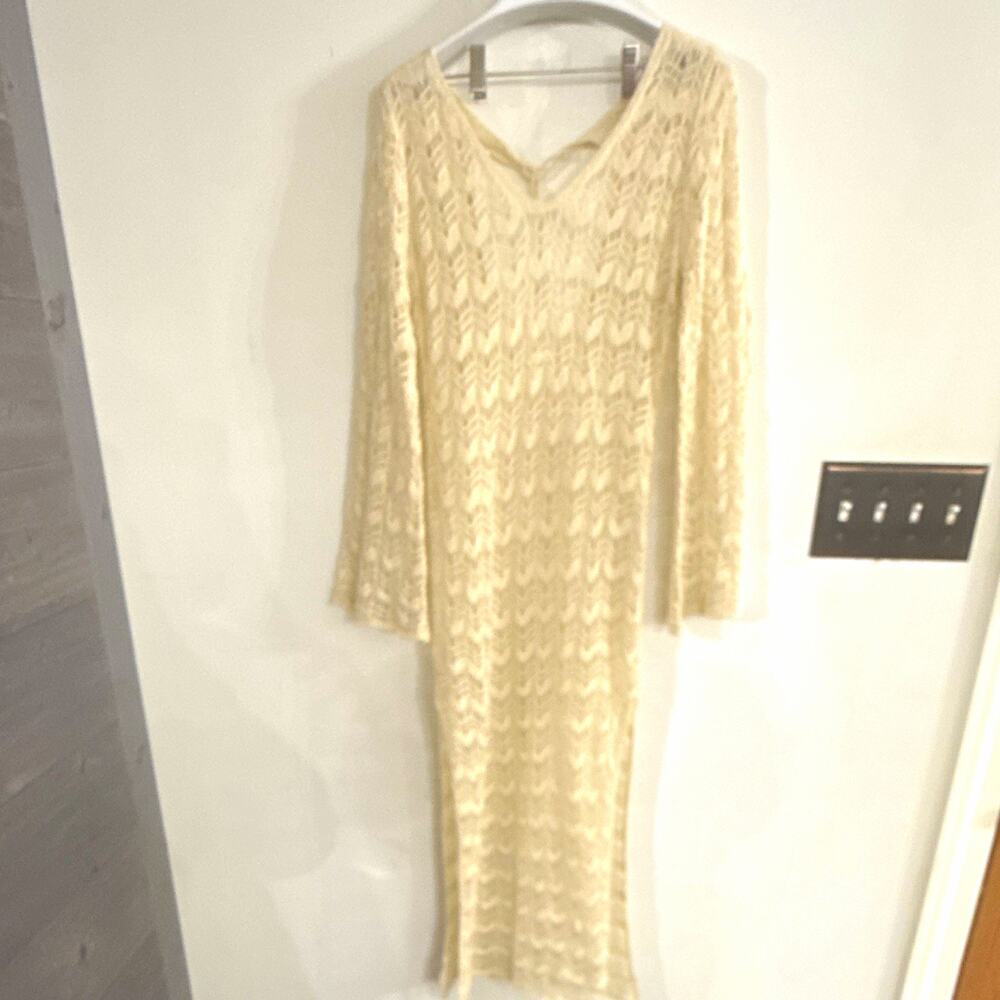 Laguna BLU Beige Chevron Lace Crochet Maxi Dress V-Neck Sheer Long Sleeve S